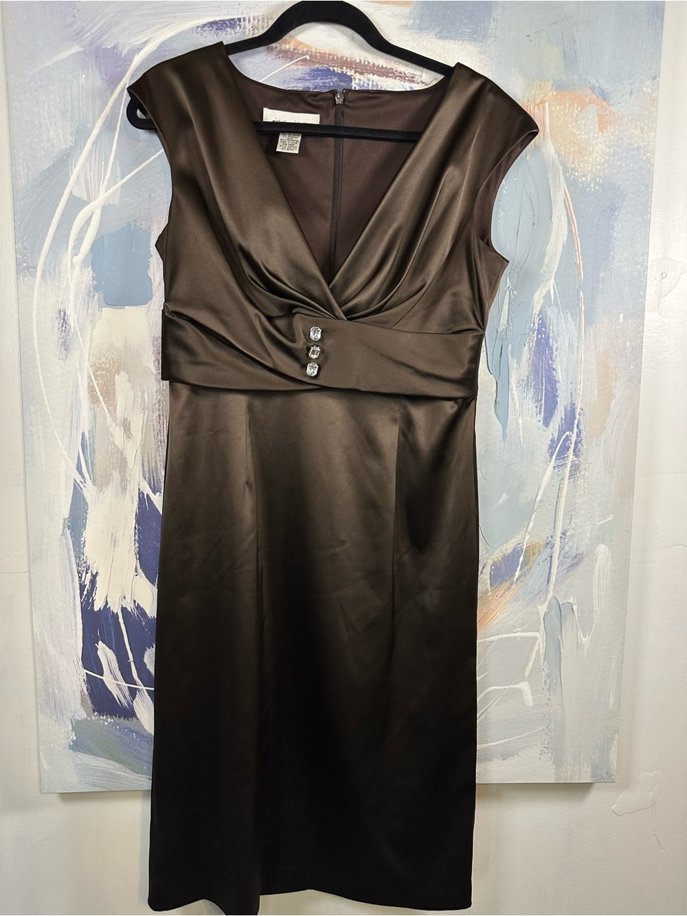 Michele Michelle Brown Bronze Satin V Neck Ruched Waist Cocktail Midi Dress 10